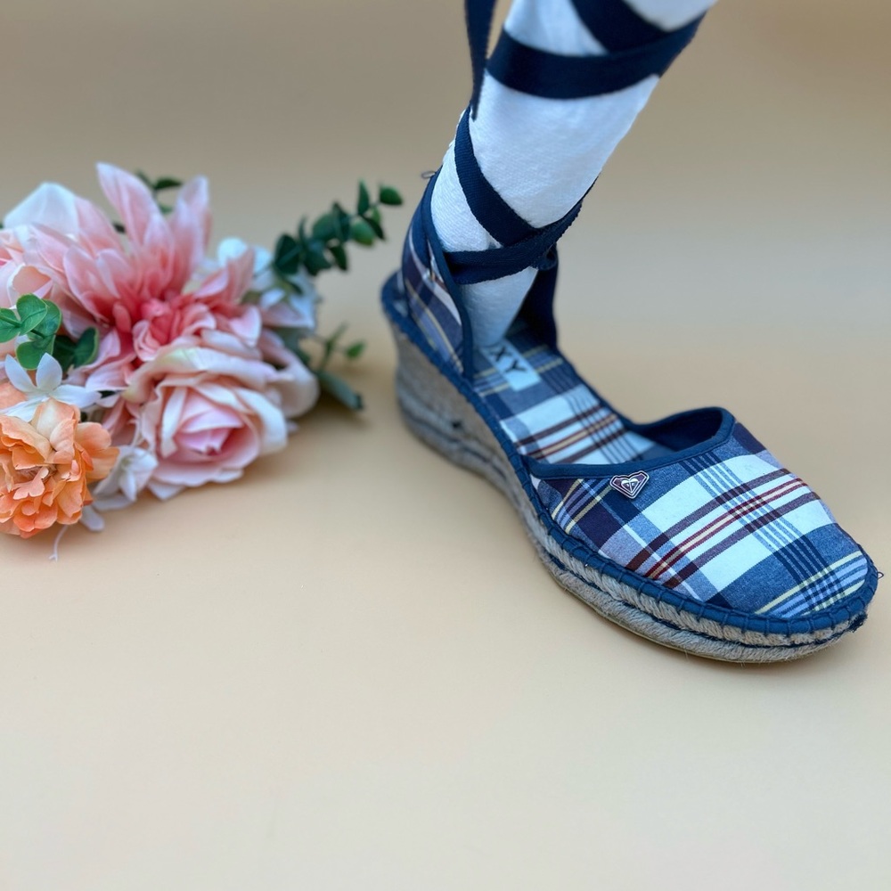 Roxy Blue Plaid Espadrille Sandals